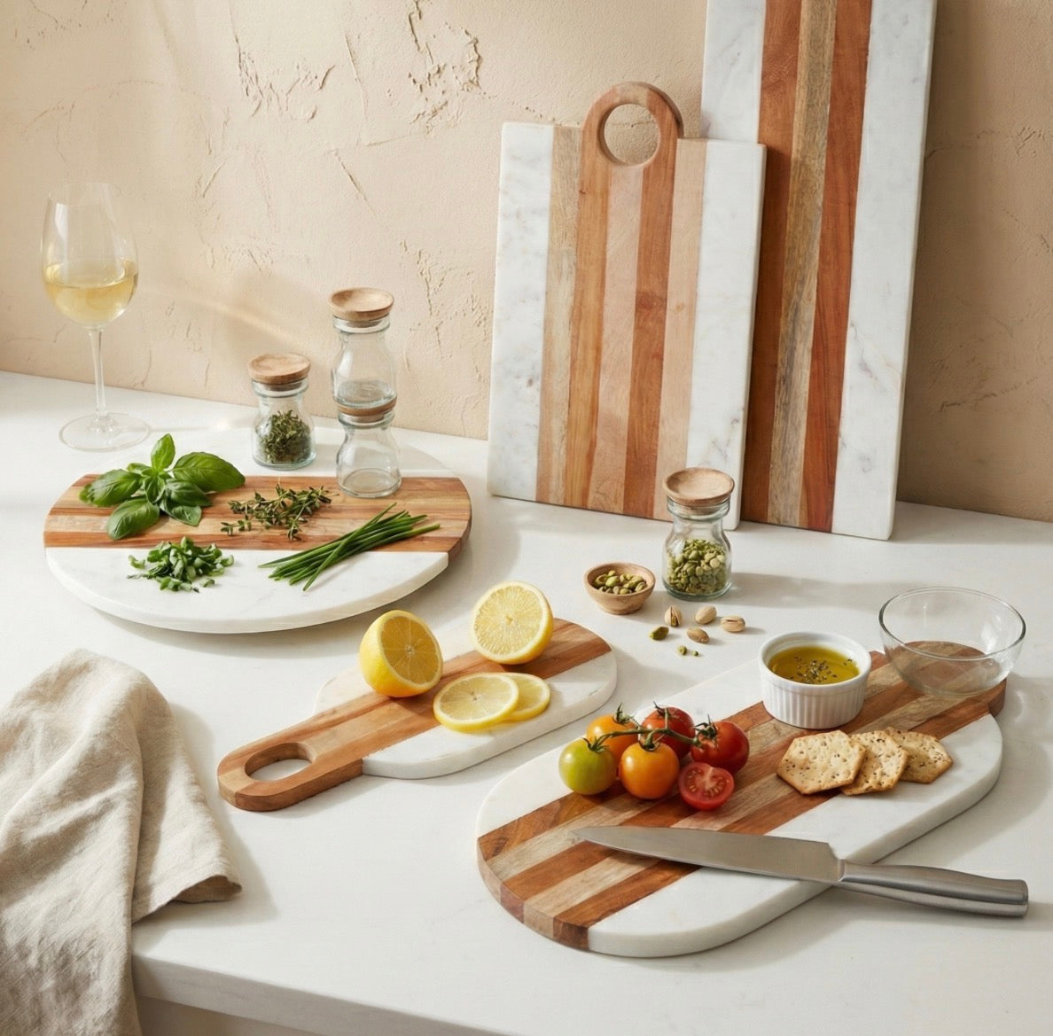 Marble and wood oval board
