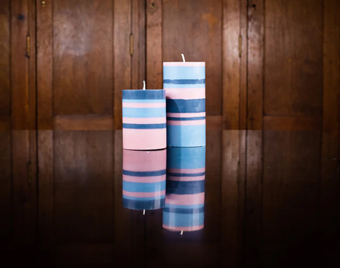 Tall Stripped Candle, Old Rose, Indigo & Pompadour