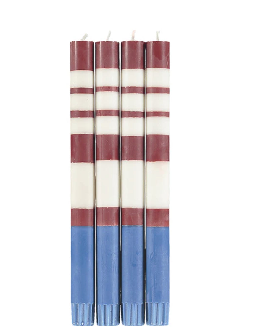 Stripped Eco Dinner Candles, Guardsman red, Pearl & Royal Blue by