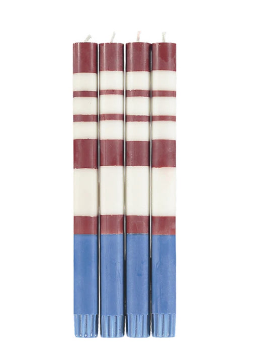 Stripped Eco Dinner Candles, Guardsman red, Pearl & Royal Blue by
