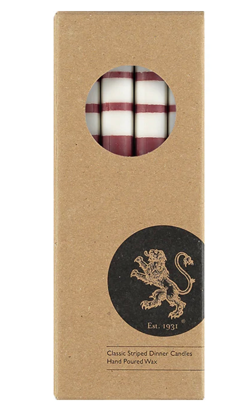 Stripped Eco Dinner Candles, Guardsman red, Pearl & Royal Blue by
