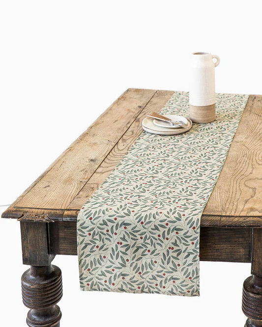 Christmas Linen table runner in mistletoe print